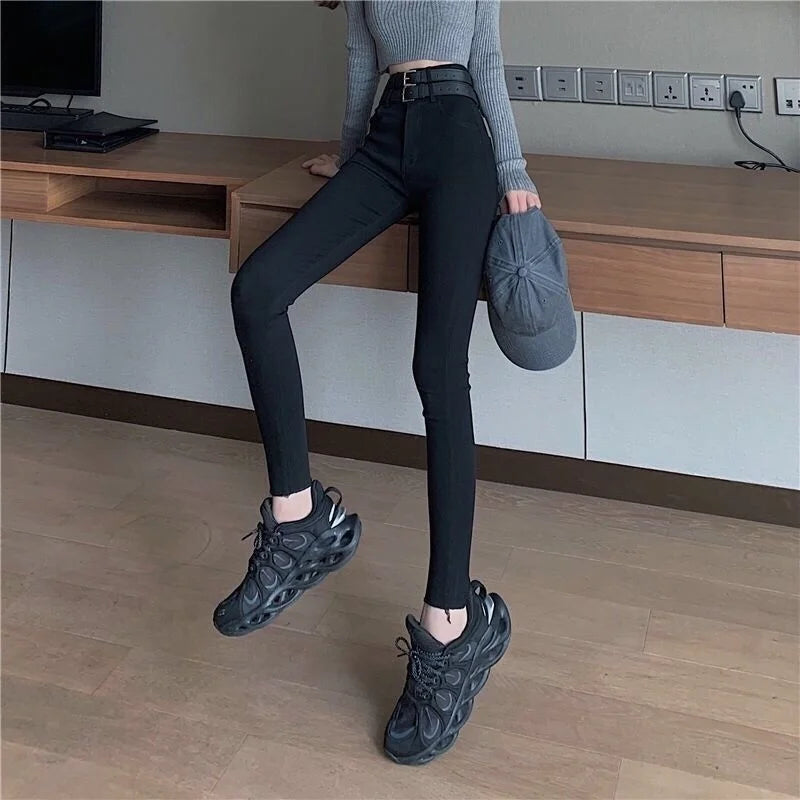 Woman Jeans Pants Black Ankle Tight Pencil Pants Autumn High Waist Tight Elastic Double Waist Head Pantalones Vaqueros Mujer