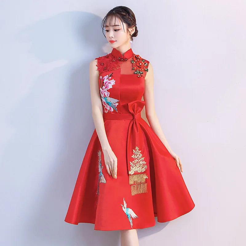 Buegundy Embroidery Oriental Style Banquet Dresses Chinese Vintage Traditional Wedding Cheongsam Elegant Evening Party Gowns - Seprincess