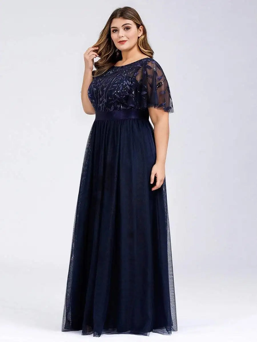 2023 NEW Plus Size Dress  Robe De Soiree Sparkle Evening Dresses Long A-Line O-Neck Short Sleeve LONG Formal Dresses - Seprincess