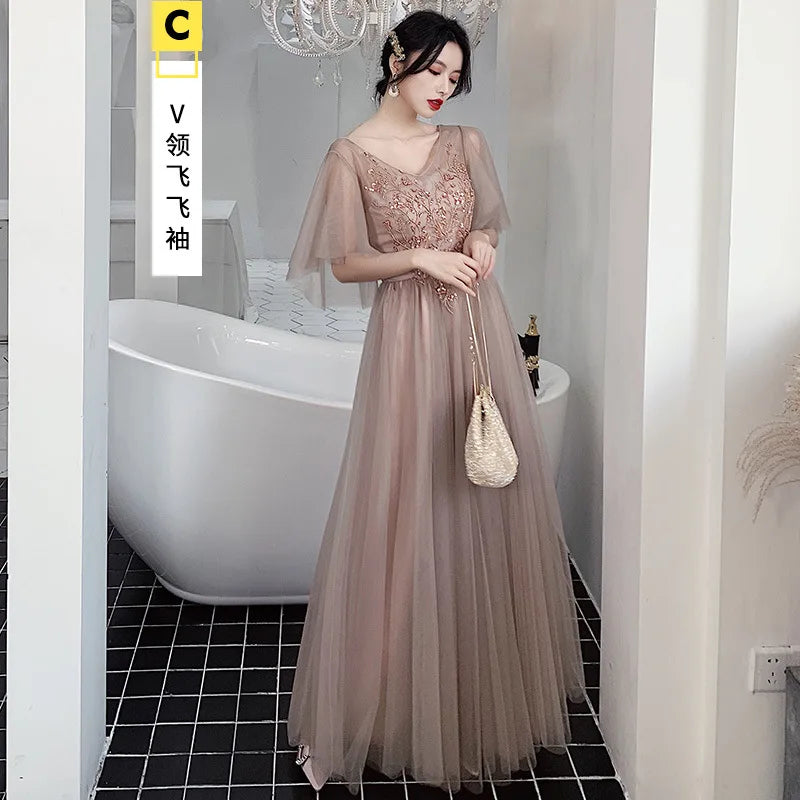 Bridesmaid Dresses Shining Sequin Appliques Women Wedding Party Dress V-Neck Half Sleeve Formal Long Gowns Elegant Vestidos R082 - Seprincess