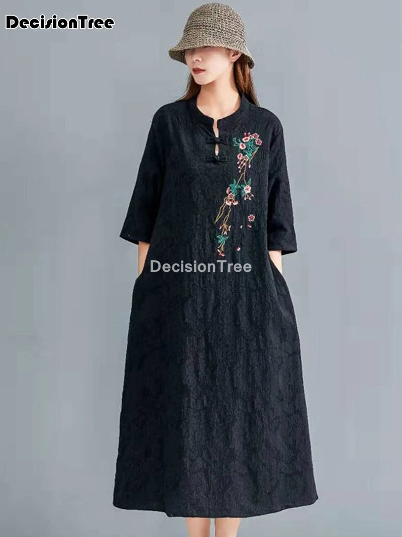 2023 chinese dress cheongsam women long qipao dress modern cotton linen cheongsam dress half sleeve embroidery cheongsam dress - Seprincess