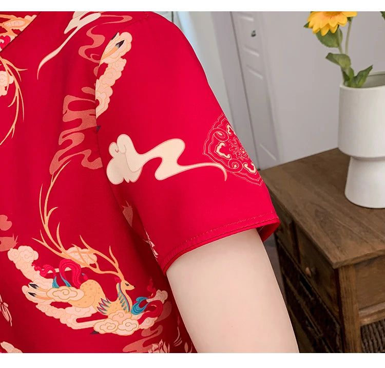 M-4XL 2022 New Year Red Summer Trend Street Fashion Modern Cheongsam A-line Dress Women Qipao Traditional Chinese Clothes - Seprincess