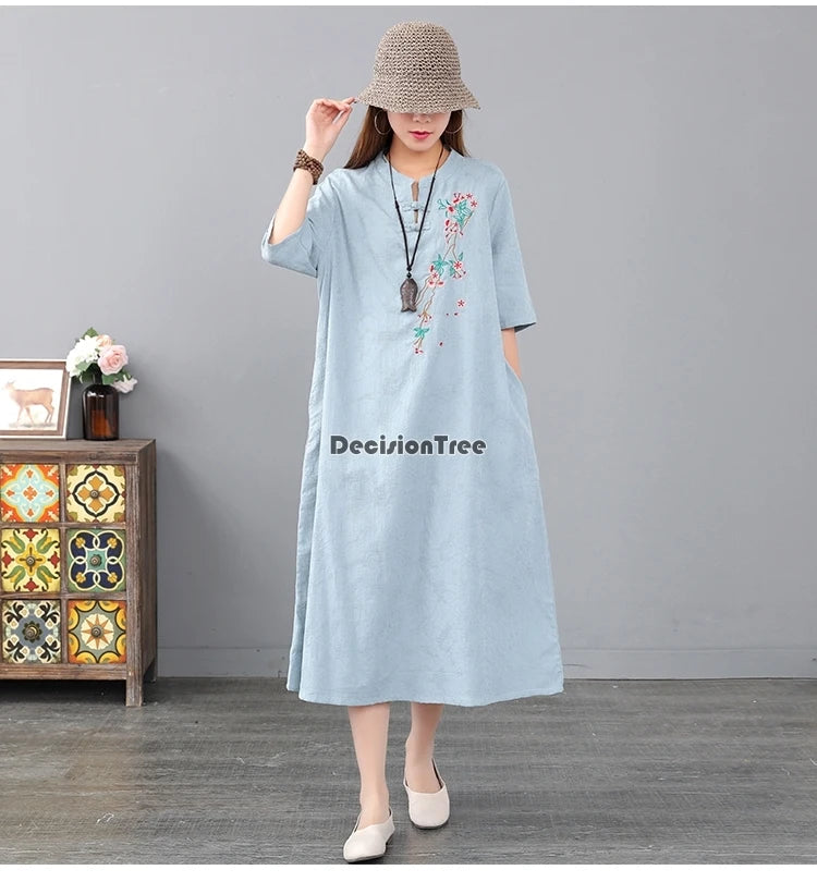 2023 chinese dress cheongsam women long qipao dress modern cotton linen cheongsam dress half sleeve embroidery cheongsam dress - Seprincess