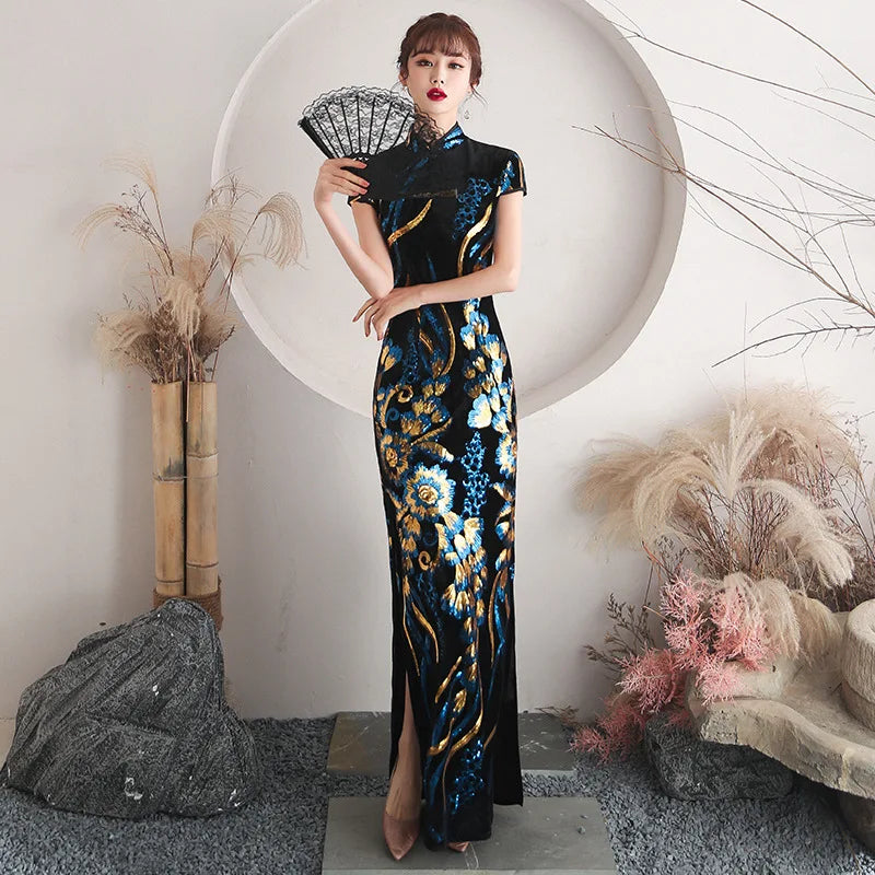 Oversize 4XL Velour Sequin Flower Cheongsam Women Slim Velvet Qipao Elegant Evening Party Dress Short Sleeve Vestidos - Seprincess