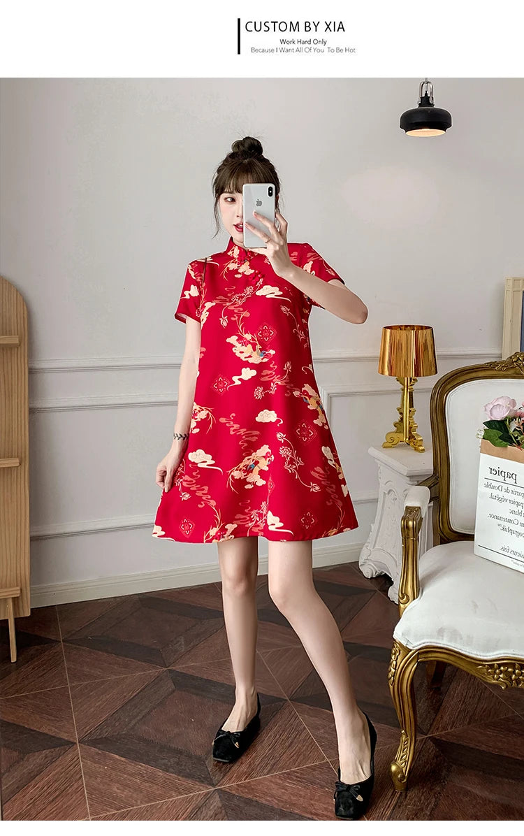 M-4XL 2022 New Year Red Summer Trend Street Fashion Modern Cheongsam A-line Dress Women Qipao Traditional Chinese Clothes - Seprincess