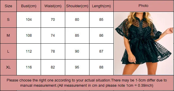 Sexy Women See Through Party Mesh Sheer Dress Tulle Lace Dot Print Dress Short Sleeve High Waist Lace-up Beach Dress White Black - Seprincess