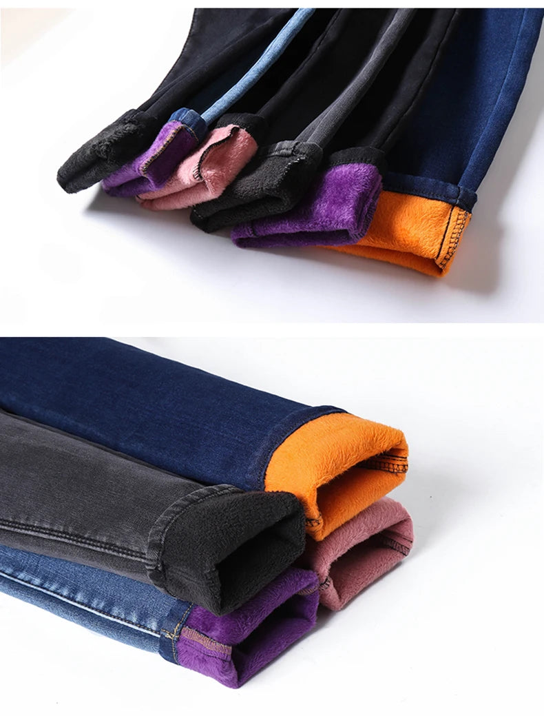 Clothes 26-40 winter women Colorful  velvet high waist jeans denim trousers stretch warm pencil pants thick skinny jeans