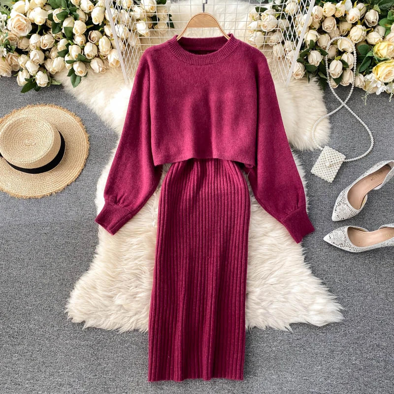 autumn Korean style clothes Two piece dress set Winter fall 2024 fashion women clothing new knitted knit long sleeves sweaters - Seprincess