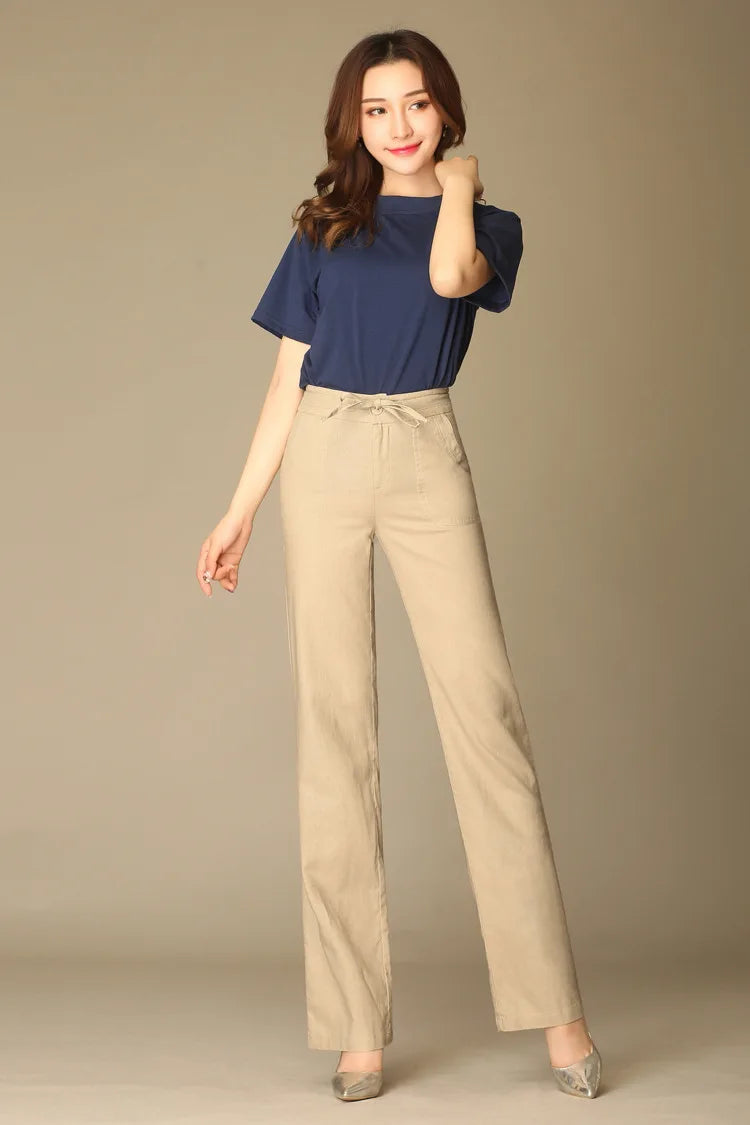 Women Drawstring Casual Cotton Linen Pants Solid White Black Khaki Breathable Summer Thin Straight Leg Loose Trousers S 4XL