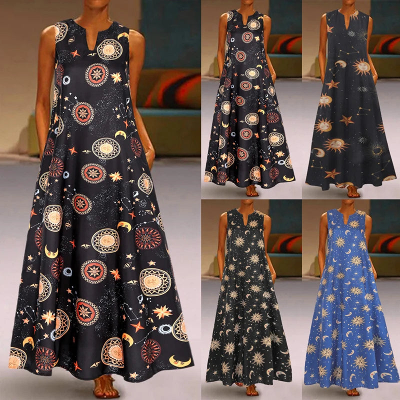 Summer Bohemian Sundress Vintage Sleeveless Women Floral Printed Maxi Long Dress Casual Dress Robe Femme Party Vestido Sarafans - Seprincess