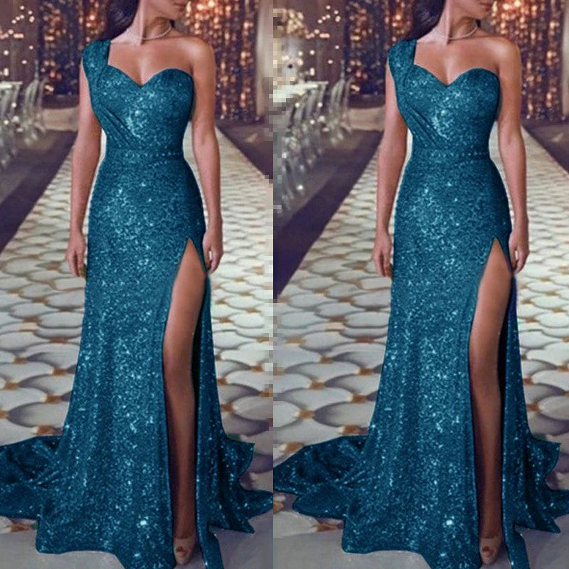 Women Sexy One Shoulder High Split Irregular Dress 2022 New Fashion Shiny Sequin Long Evening Dresses Lady Elegant Party Dress - Seprincess