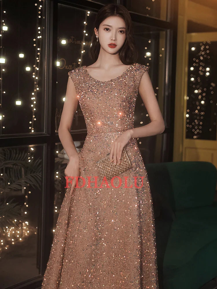 FDHAOLU FU92 Sequins Evening Dresses O-Neck A-line Floor-length Sleeveless Elegant Bling Plus size Customized Woman Formal Dress - Seprincess