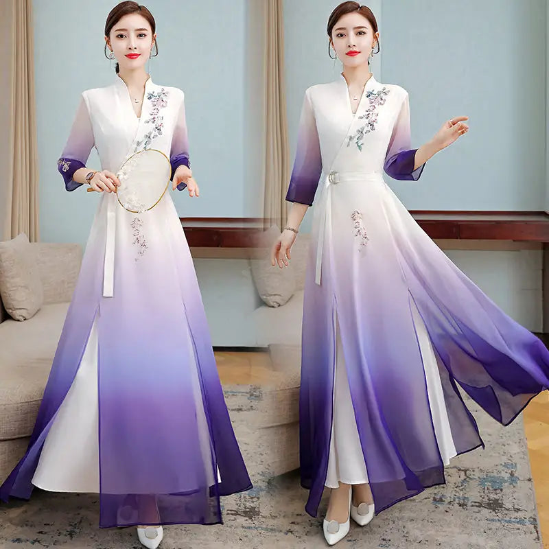 Top 2021 New Elegant Chinese Style V-Neck Slim Gradient Color Three-Quarter Sleeve Long Temperament Dress Qipao Lady Robes y1458 - Seprincess