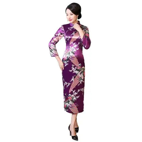 Women Chinese Traditional Dress Peacock Flower Print Long Split Bodycon Dress Cheongsam Stage Show Midi Slim Women Dress