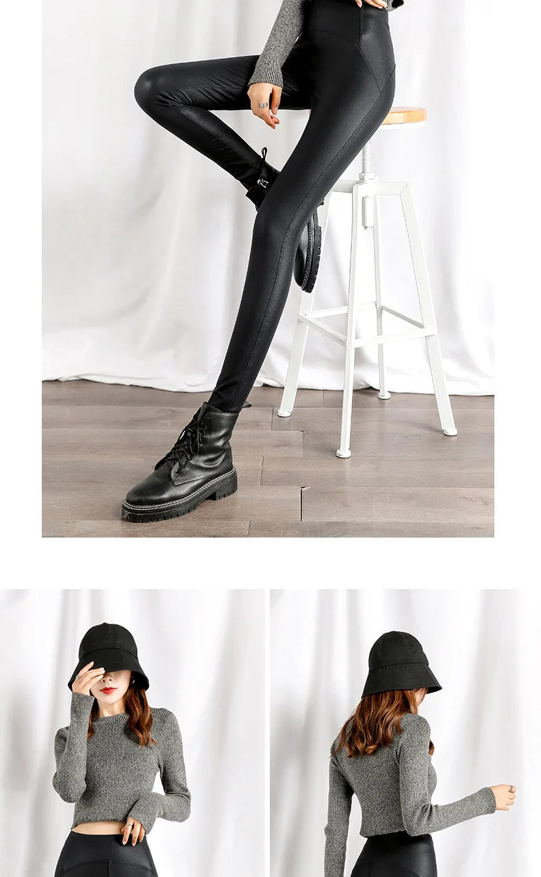 BIVIGAOS Autumn Winter Black Fleece Matte Leather Leggings Women High Waist  Sexy Motorcycle Pants Slim Skinny Warm Leggings