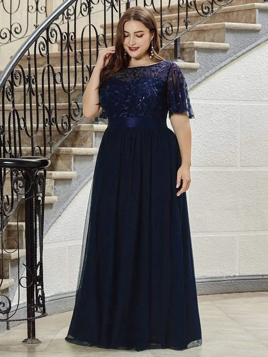 2023 NEW Plus Size Dress  Robe De Soiree Sparkle Evening Dresses Long A-Line O-Neck Short Sleeve LONG Formal Dresses - Seprincess