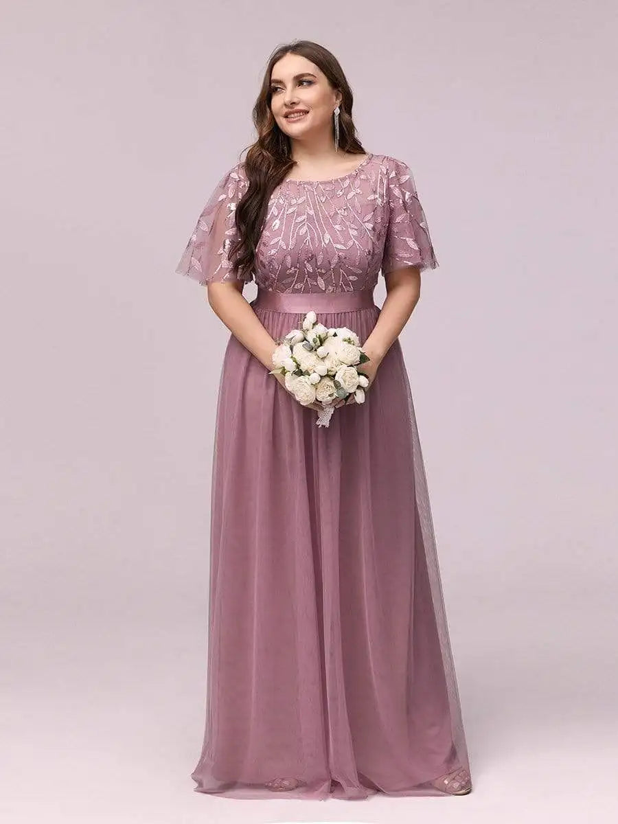 2023 NEW Plus Size Dress  Robe De Soiree Sparkle Evening Dresses Long A-Line O-Neck Short Sleeve LONG Formal Dresses - Seprincess