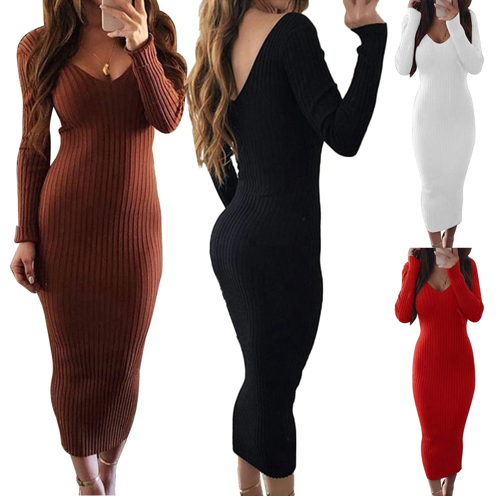 Sexy Women Dress Winter 2020 Knit Sweater Long Sleeve V Neck Backless Ribbed  Slim Knitted Midi Dress Sweater Dress Korean Dress - Seprincess