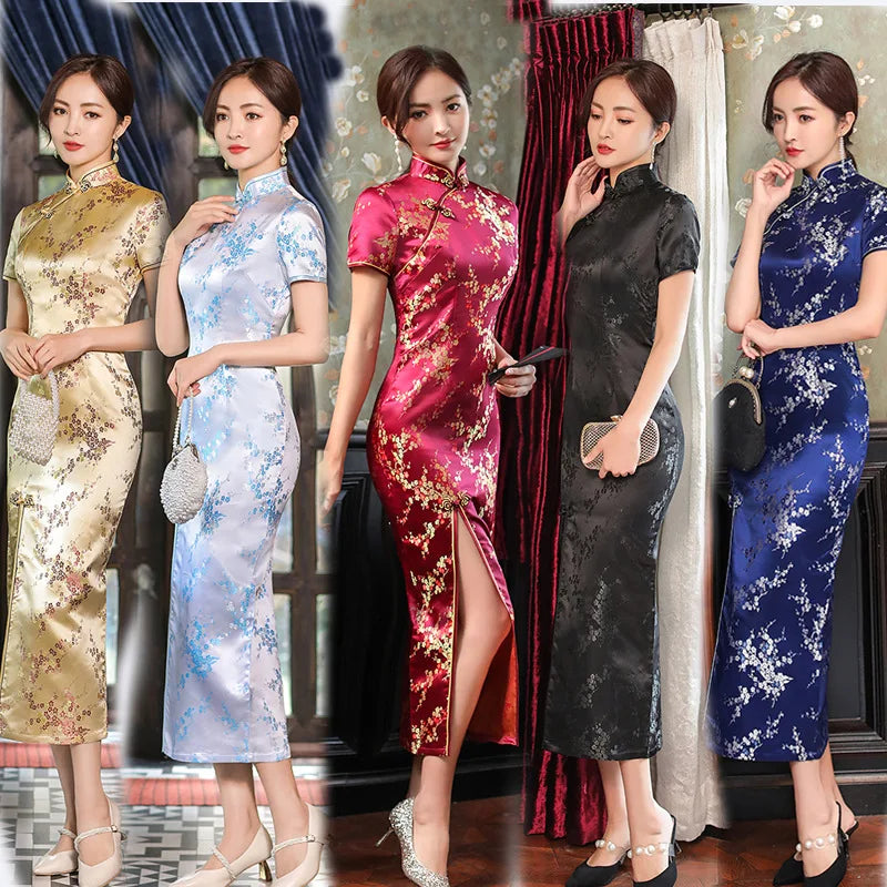 Summer New Women Sexy Cheongsam Elegant Vintage Mandarin Collar Chinese Dress Long Satin Flower Qipao Split Vestidso - Seprincess