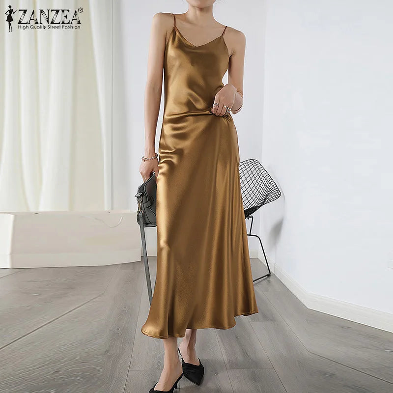 ZANZEA Sexy Strap Dresses Women Spaghetti Straps Dress V Neck Slip Vestidos Elegant Party Clubbing Sundress Satin Solid Robe - Seprincess