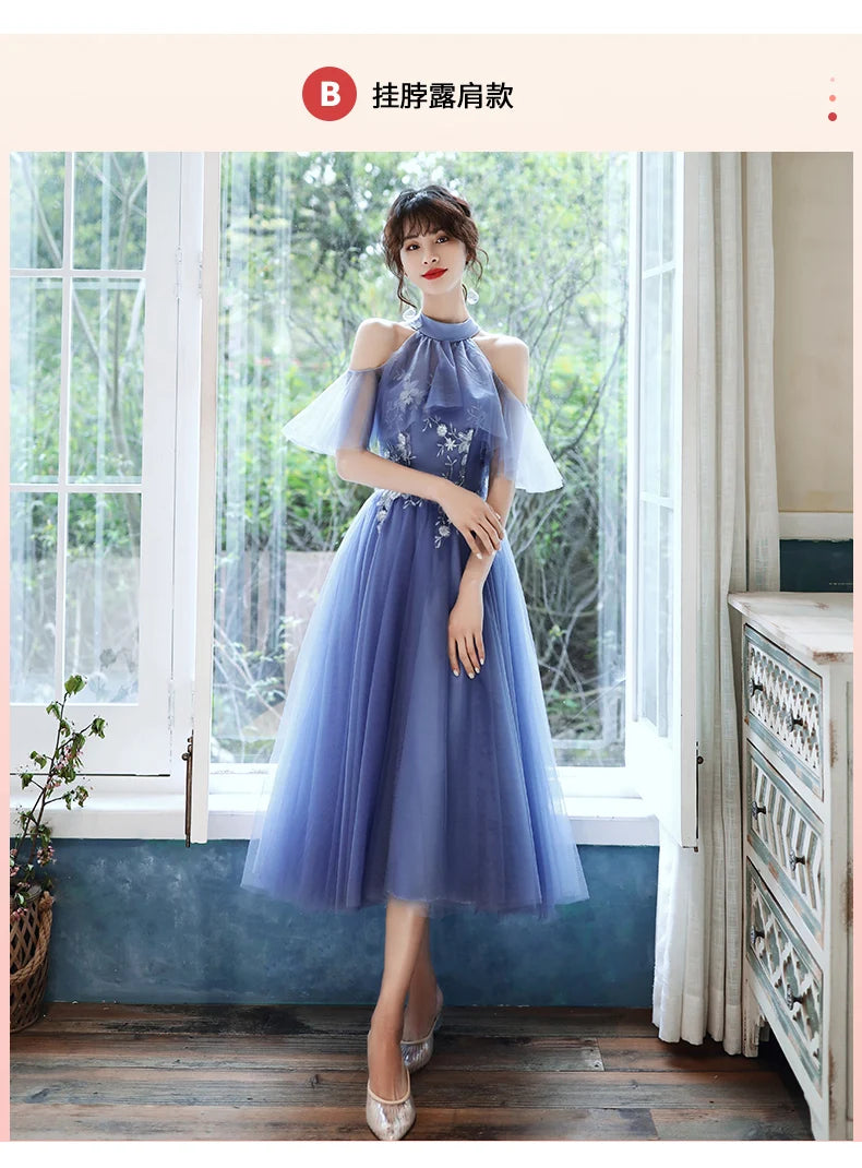 Sweet Memory 2025 Women Blue Bridesmaid Dresses Tea Length Appliques Lace Flowers Mismatched With Sleeves Wedding Party Dress - Seprincess