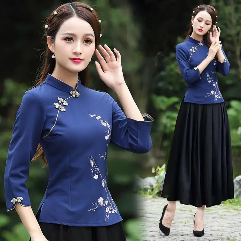 Cheongsam Women's Plus Size Tops 2024 Summer New Fashion Cotton Manual Embroidery Stand Collar Chinese Style Qipao Shirts Woman - Seprincess