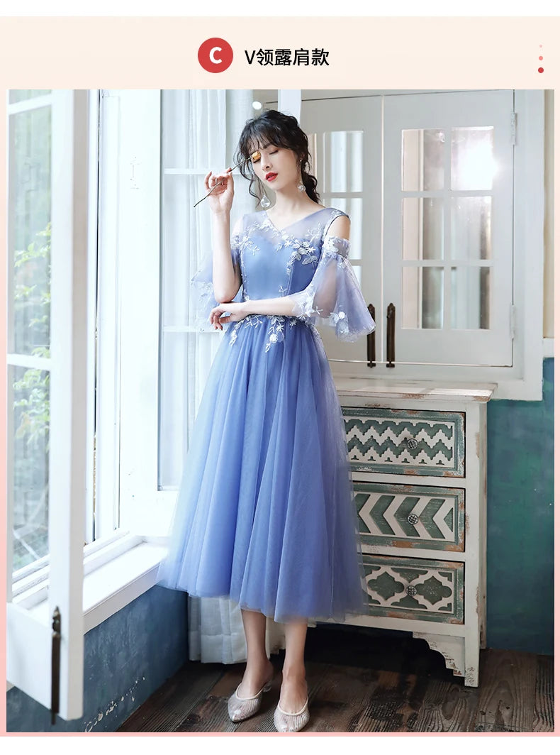 Sweet Memory 2025 Women Blue Bridesmaid Dresses Tea Length Appliques Lace Flowers Mismatched With Sleeves Wedding Party Dress - Seprincess