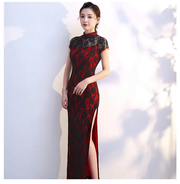 Lace Floral Perspective Collar Qipao Sexy Long Women Cheongsams Big Size 3XL 4XL 5XL Chinese Dress Grace Evening Party Vestidos