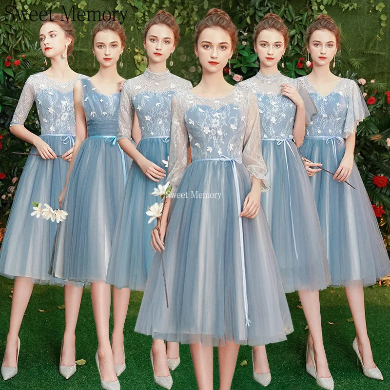 Gray Blue Bridesmaid Dresses For Women Elegant Half Sleeve Wedding Guest Dress Tulle Tea-Length Girl Vestido De Festa - Seprincess