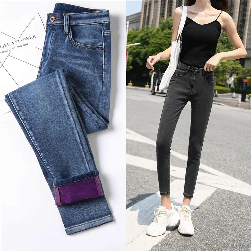 Winter Thick Women Warm Skinny Jeans Simple Stretch Velvet Fleece Female High Waist Denim Pencil Pants Clothes 36 38 40