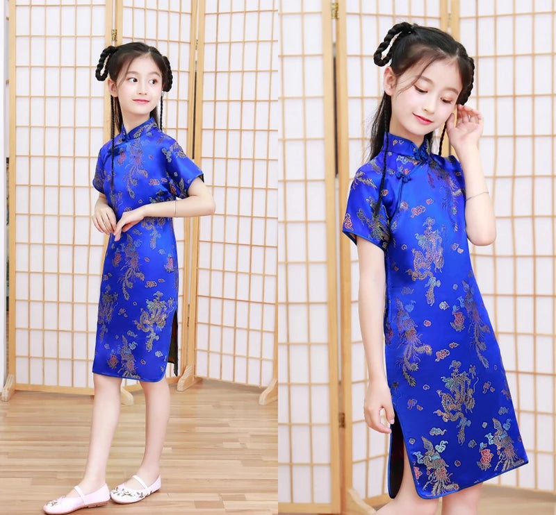 Lovely Girls Silky Satin cheongsam Dress Cute Princess Girls Dresses Kids Party Ball Gown Dress New Year cheongsam Clothing - Seprincess