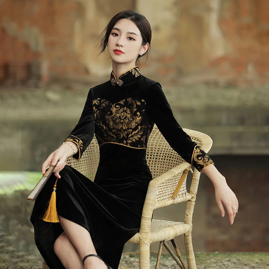 Ethnic Style Harajuku Modern Qipao Black Traditional Vintage Elegant Slim Cheongsam Improve Women Chinese Dress Femme New - Seprincess