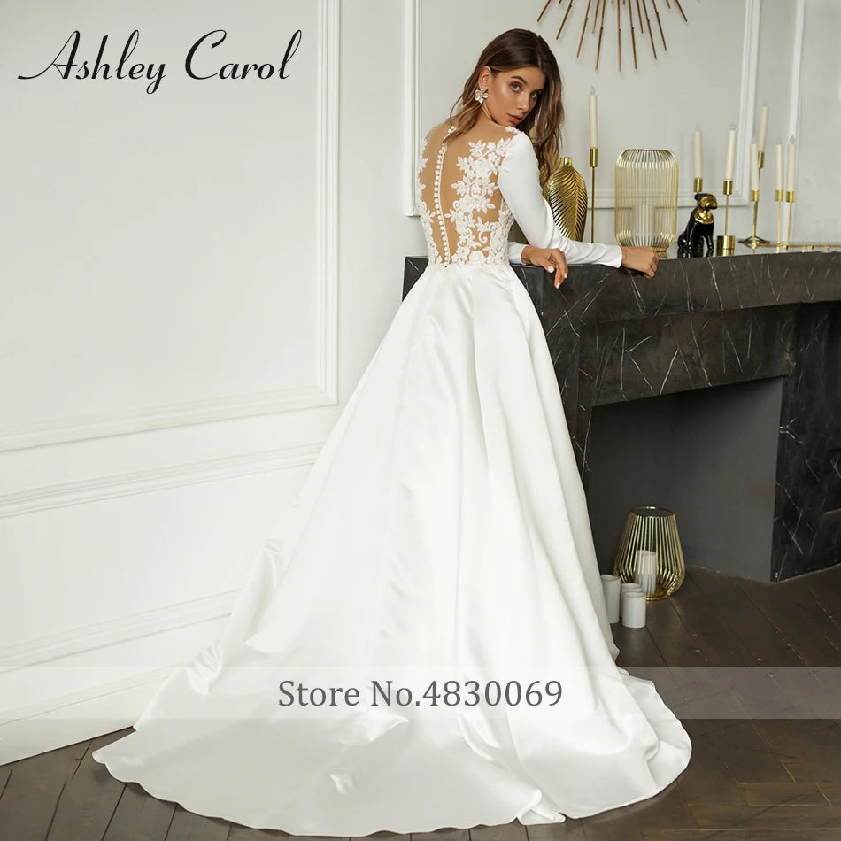 Ashley Carol Long Sleeve Wedding Dresses For Women 2024 Satin Beading Button Princess Sexy A-Line Wedding Gown Vestidos De Novia - Seprincess