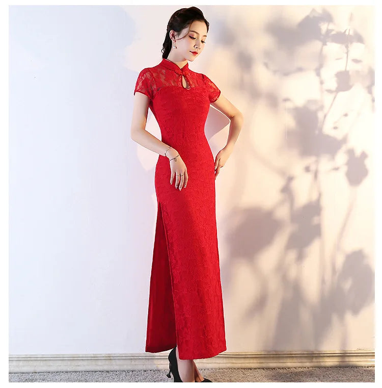 Lace Floral Perspective Collar Qipao Sexy Long Women Cheongsams Big Size 3XL 4XL 5XL Chinese Dress Grace Evening Party Vestidos - Seprincess