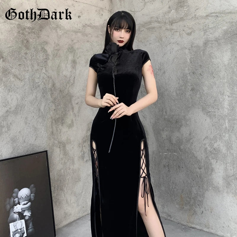 Goth Dark Romantic Gothic Velvet Aesthetic Dresses Vintage Women Black Bandage SlitHem Bodycon Dress Sexy Evening Wear Cheongsam