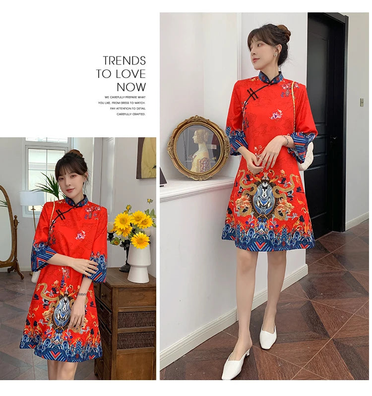 Ins Red Blue Loose 2021 New Fashion Modern Chinese Cheongsam A-line Dress Women 3/4 Sleeve Qipao Traditional Chinese Clothes - Seprincess