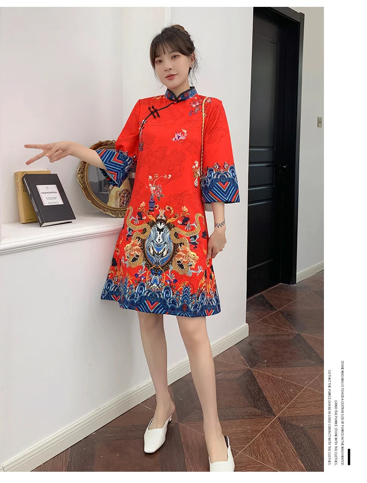 Ins Red Blue Loose 2021 New Fashion Modern Chinese Cheongsam A-line Dress Women 3/4 Sleeve Qipao Traditional Chinese Clothes - Seprincess