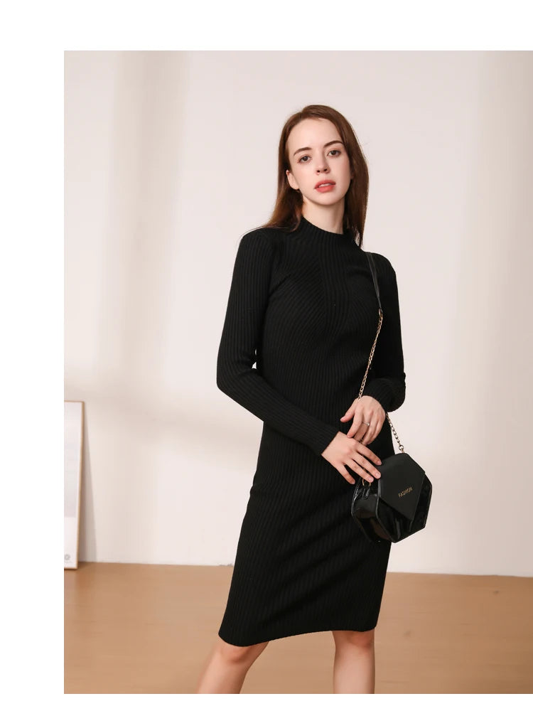 Midi Dress 2024 Winter Knitted Sweater Casual Women's Dresses Ladies Clothing Clothes Korean Fashion Robe Elegant Black Tight - Seprincess