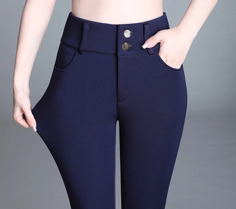 Winter Velvet Thick Warm Pants For Women Skinny Stretch Fleece Pencil Pants High Waist Solid Black Blue Trousers Female