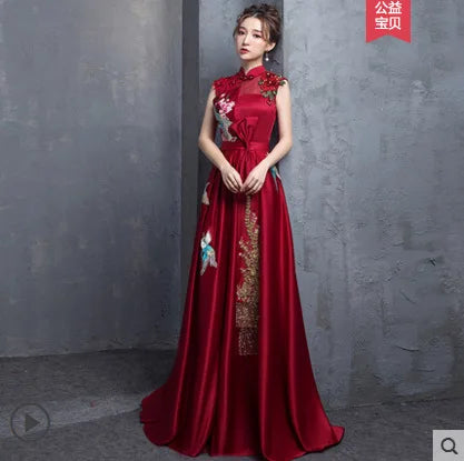 Buegundy Embroidery Oriental Style Banquet Dresses Chinese Vintage Traditional Wedding Cheongsam Elegant Evening Party Gowns - Seprincess