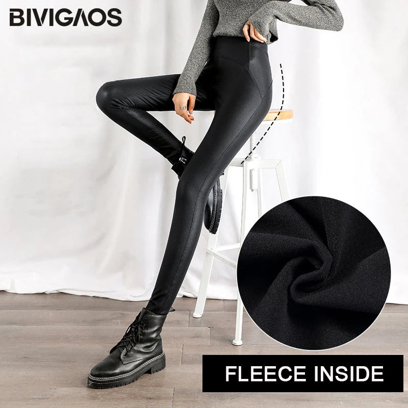 BIVIGAOS Autumn Winter Black Fleece Matte Leather Leggings Women High Waist  Sexy Motorcycle Pants Slim Skinny Warm Leggings