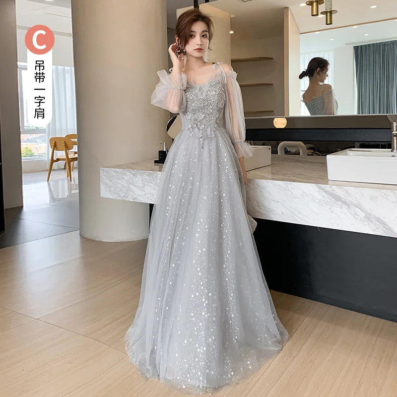 Temperament Bridesmaid Dress Lantern Sleeve Evening Party Dress Fairy Stage Show Dress Elegant Banquet Dress A-line Maxi Dress - Seprincess