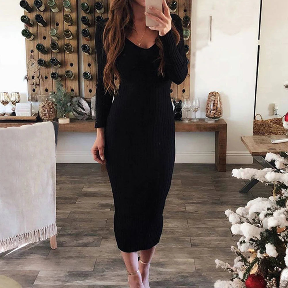 Sexy Women Dress Winter 2020 Knit Sweater Long Sleeve V Neck Backless Ribbed  Slim Knitted Midi Dress Sweater Dress Korean Dress - Seprincess