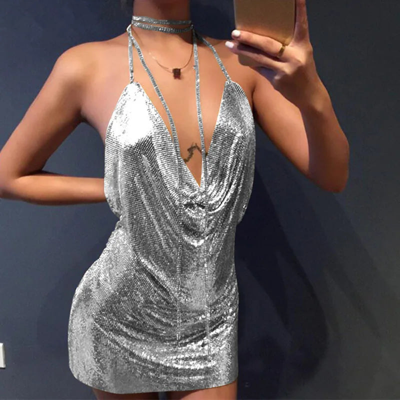 Diamond Halter Metal Party Dresses 2024 Sexy Gold Silver Summer Dress Vesitos Backless Sequins Women Dress Dropshipping - Seprincess