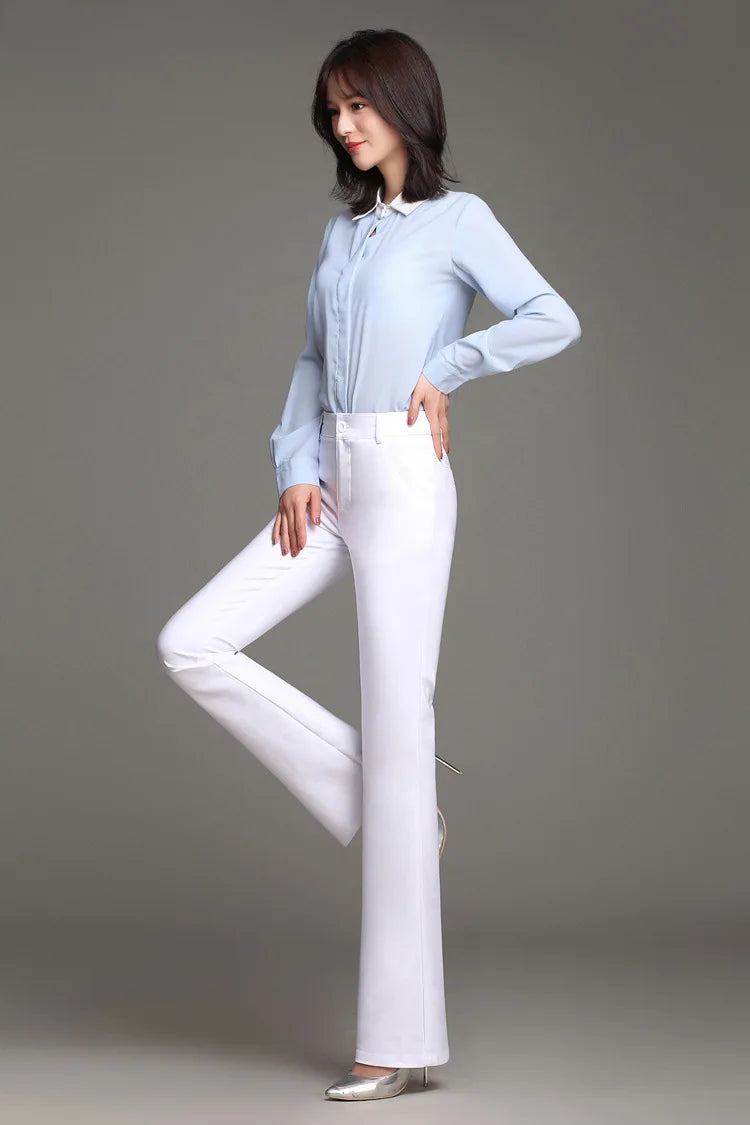 Women Slimming Office Flare Pants High Waist Pure Color Cotton Stretch Casual Big White Black Office Flared Trousers S 3XL 4XL