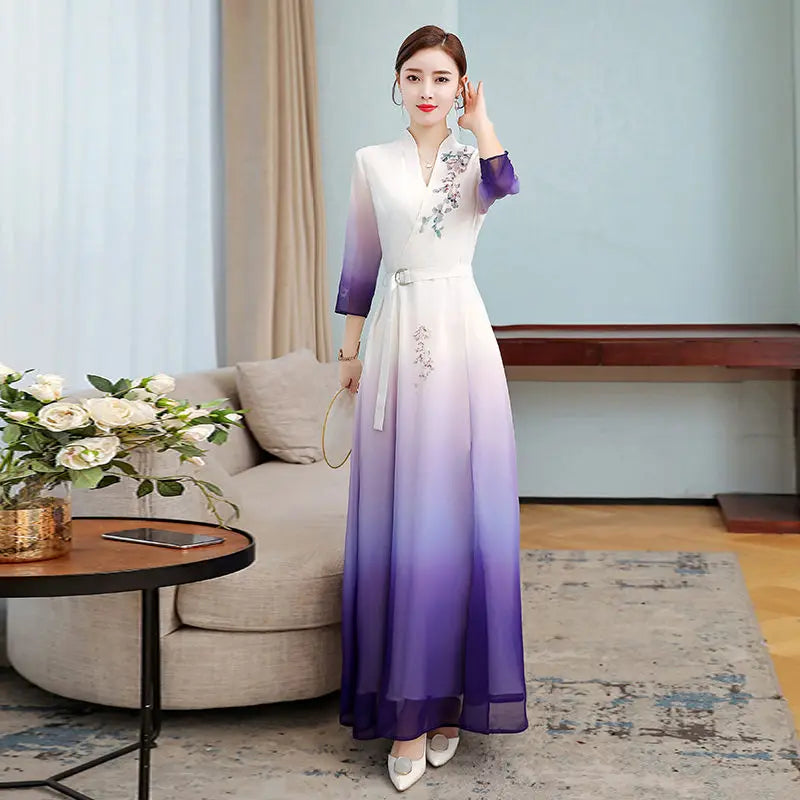 Top 2021 New Elegant Chinese Style V-Neck Slim Gradient Color Three-Quarter Sleeve Long Temperament Dress Qipao Lady Robes y1458 - Seprincess