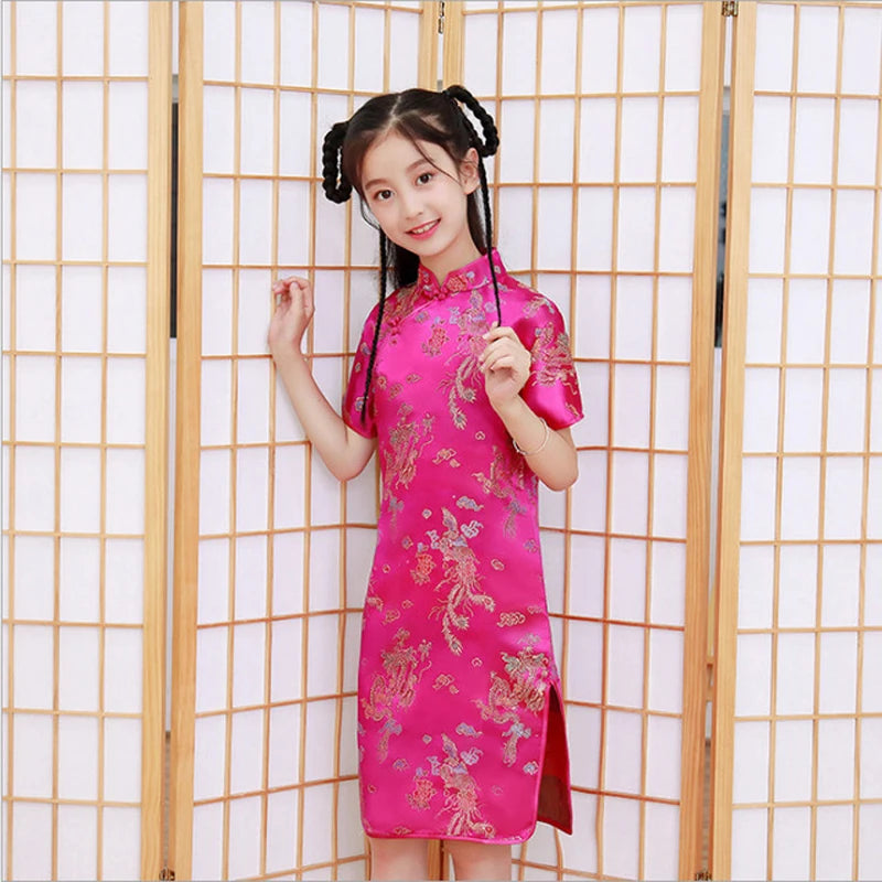 Lovely Girls Silky Satin cheongsam Dress Cute Princess Girls Dresses Kids Party Ball Gown Dress New Year cheongsam Clothing - Seprincess