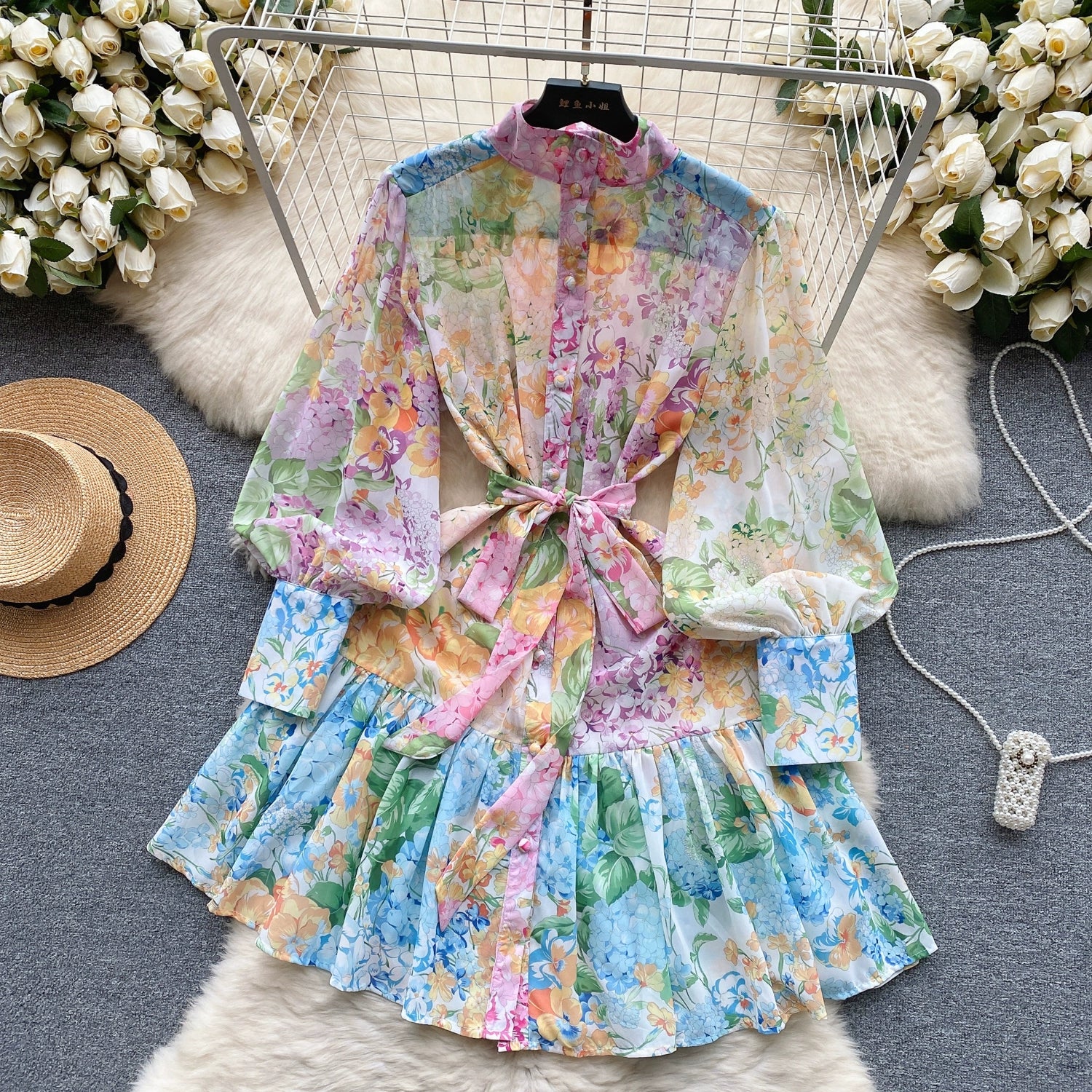 New Summer Holiday Beach Short Dress Women's Stand Long Lantern Sleeve Floral Print Sashes Lace Up Chiffon Loose Vestidos 6362 - Seprincess