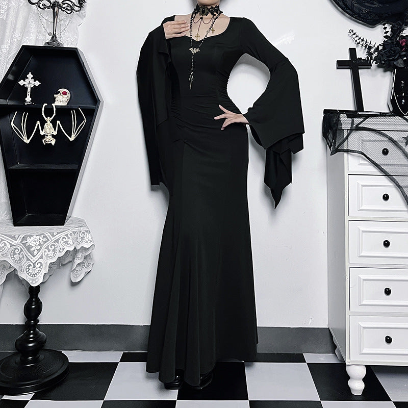 Halloween Gothic Vintage Dress Women Square Neck Patchwork Spider Web Flare Sleeves Cosplay Long Party Dress - Seprincess