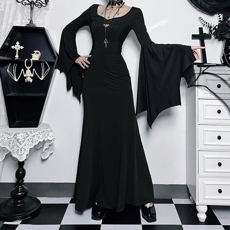 Halloween Gothic Vintage Dress Women Square Neck Patchwork Spider Web Flare Sleeves Cosplay Long Party Dress - Seprincess